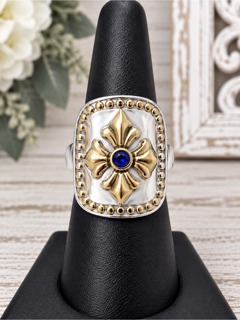 Vintage Bali 925 Sterling Gold Overlay Cross Shield Ring Blue CZ Statement